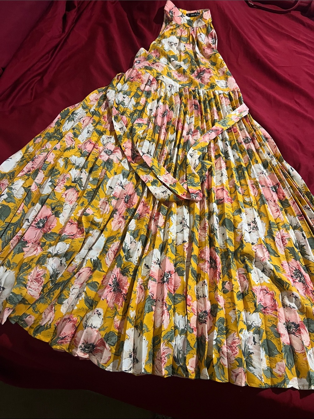 SHEIN Mustard Floral Pleated Maxi Skirt with Pink and White Blooms